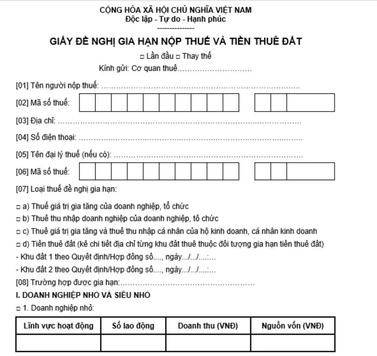 Mẫu Giấy đề nghị gia hạn nộp thuế và tiền thuê đất 2023